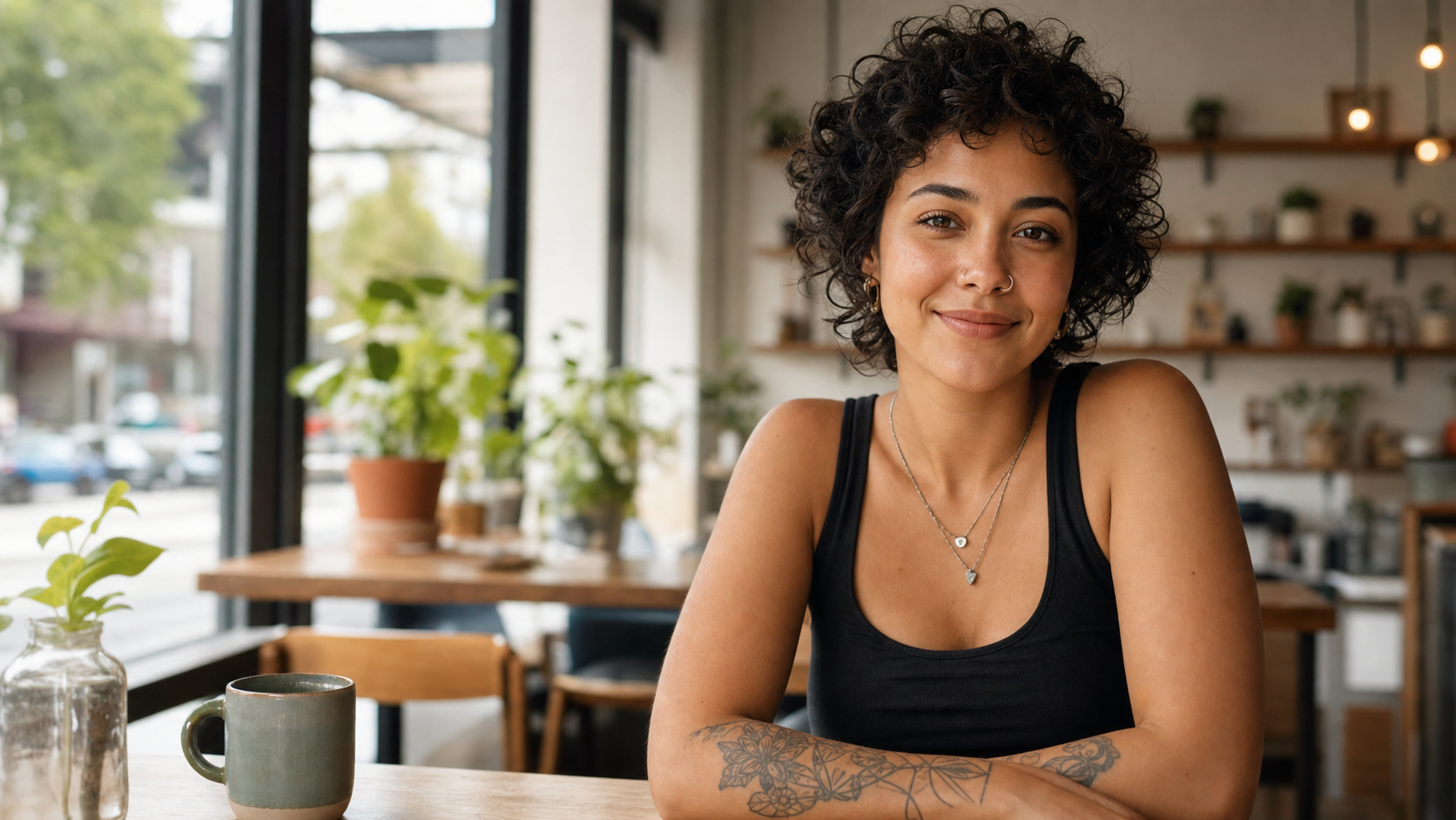 A Bumble community reviewer in a bright cafe