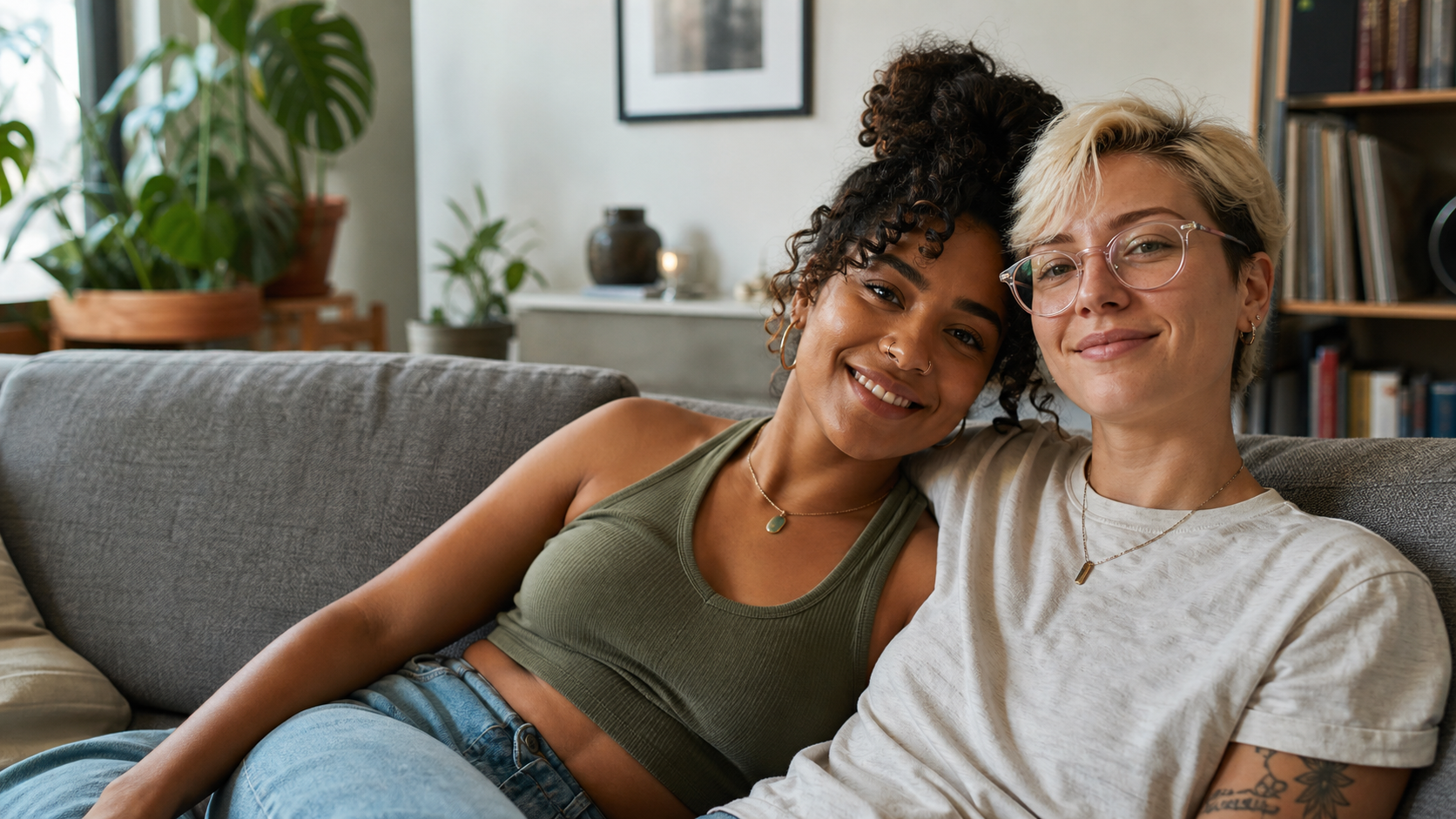 An OkCupid community reviewer couple at home